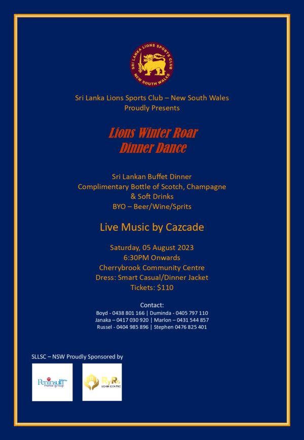 Sri Lanka Lions Sports Club – New South Wales Proudly Presents - Lions Winter Roar Dinner Dance - Saturday, 05 August 2023 (Sydney event) - elanka