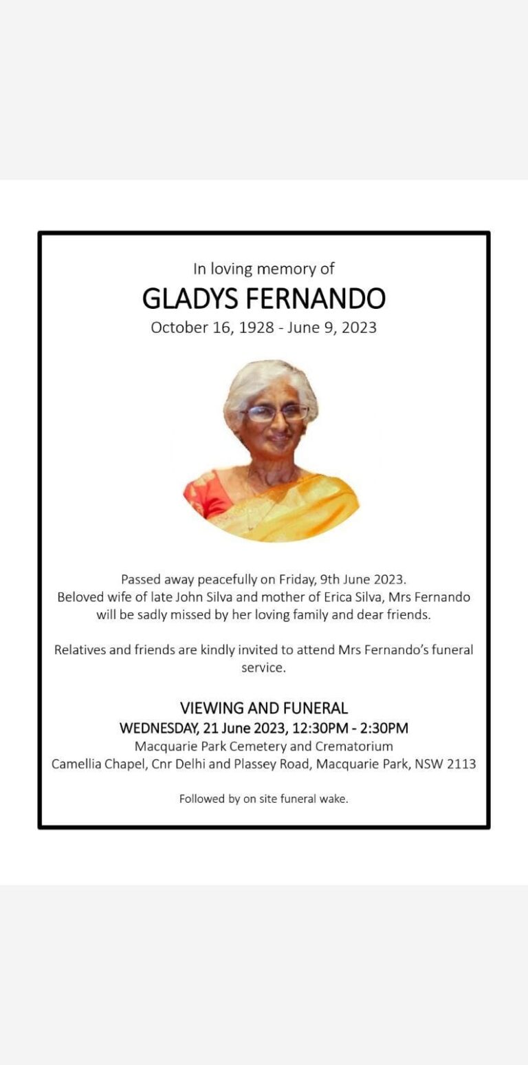 Obituary : In loving memory of  GLADYS FERNANDO  October 16, 1928 – June 9, 2023