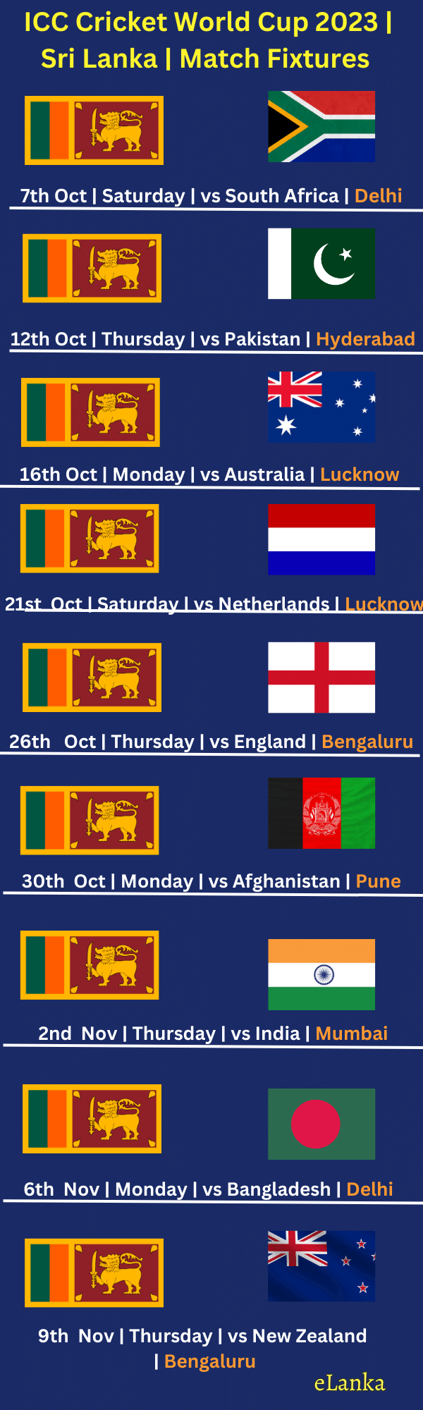 Icc Cricket World Cup 2023 Sri Lanka Match Fixtures - elanka