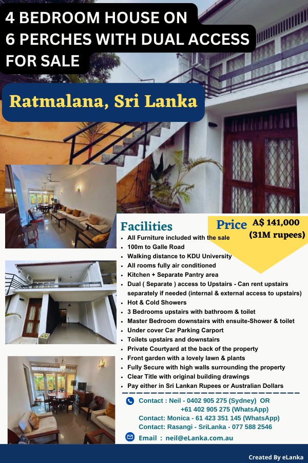 4 Bedroom House on 6 Perches with Dual Access for Sale in Ratmalana, Sri Lanka 