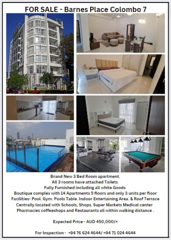 For Sale - Barnes Place Colombo 7 - Brand New 3 Bed Room apartment. 