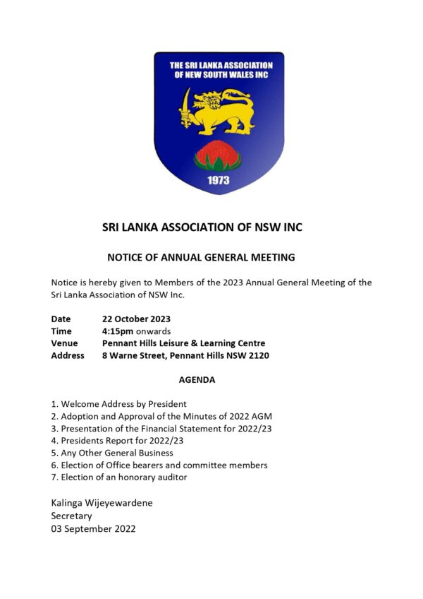 SRI LANKA ASSOCIATION OF NSW INC NOTICE OF ANNUAL GENERAL MEETING - 22 October 2023 - 415pm onwards ( Sydney Event) - elanka