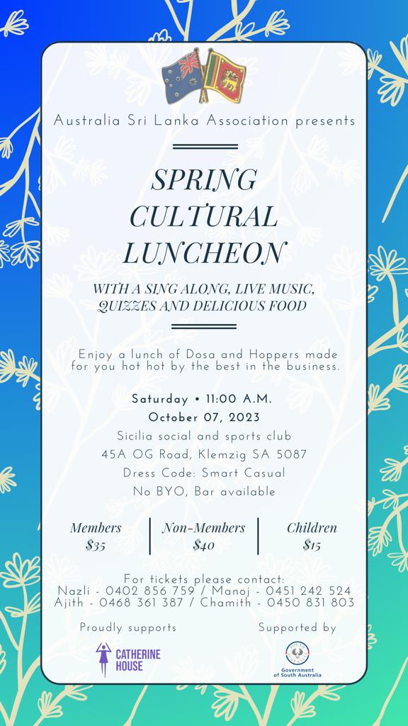 Spring Cultural Luncheon - Saturday 11.00 AM - October 7th 2023 ( Adelaide Event )