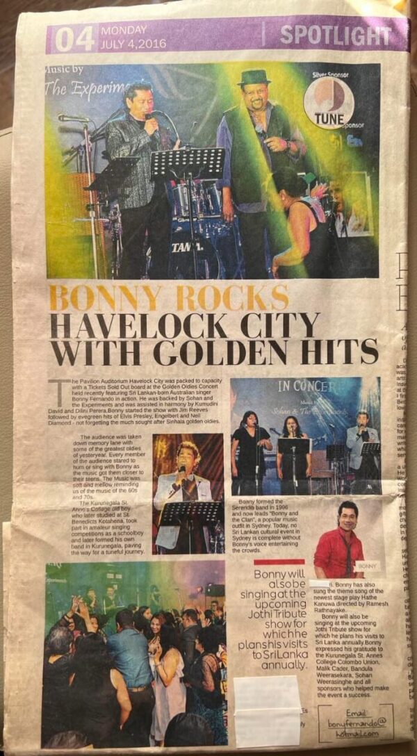 Bonny a sparkling voyage in celebrity as a vocalistentertainer for over four decades having made an indelible imprint in the music arena – by Sunil Thenabadu - eLanka