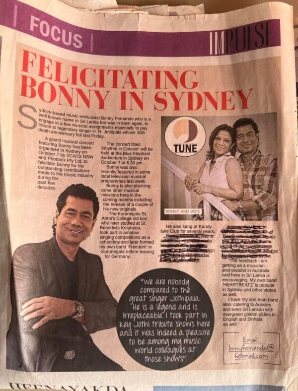 Bonny a sparkling voyage in celebrity as a vocalistentertainer for over four decades having made an indelible imprint in the music arena – by Sunil Thenabadu - eLanka