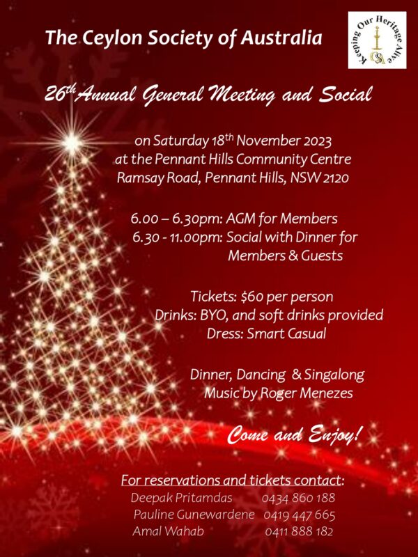 The Ceylon Society of Australia - 26thAnnual General Meeting and Social - Saturday 18th November 2023 - 6.00 pm To 11.00 pm ( Sydney Event ) - eLanka