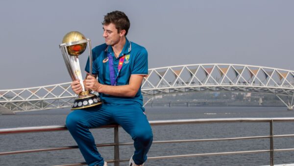 Australia’s ICC Men’s Cricket World Cup 2023 winning captain Pat Cummins in front of the Atal Pedestrian Bridge at the Sabarmati Riverfront in Ahmedabad