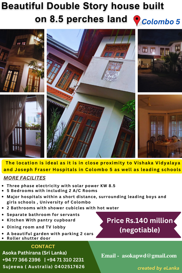 Beautiful Double Story house built on 8.5 perches land – Colombo 5 - eLanka