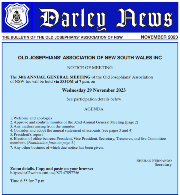 Darley News - THE BULLETIN OF THE OLD JOSEPHIANS’ ASSOCIATION OF NSW - NOVEMBER 2023