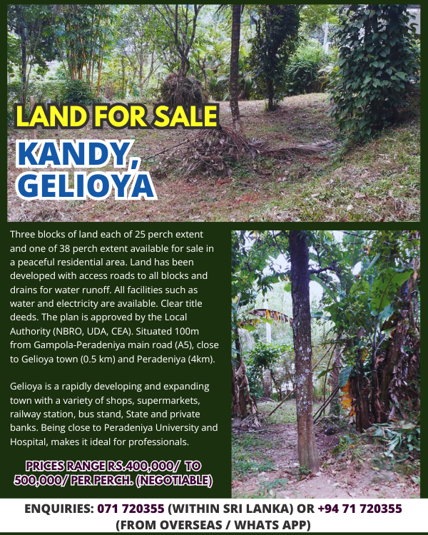 Land for sale Kandy, Gelioya eLanka
