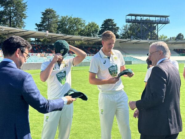 Prime Minister Anthony Albanese presents baggy caps to hosts as Pakistan wins Toss in Mauka Oval - eLanka