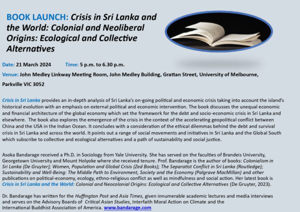 BOOK LAUNCH Crisis in Sri Lanka and the World Colonial and Neoliberal Origins Ecological and Collective Alternatives - 21 March 2024 - 5 p.m. to 6.30 p.m. ( Melbourne Event )