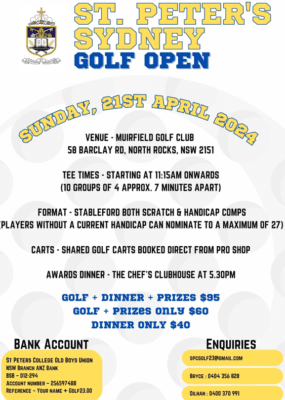 ST. PETER'S SYDNEY GOLF OPEN - 21ST APRIL 2024 - 1115AM ONWARDS ( SYDNEY Event )