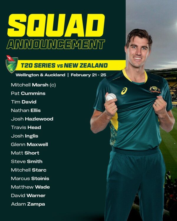 Australian 15-player men’s squad for the T20 Series on the Qantas Tour of New Zealand