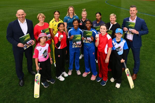 Media opportunity of Ellyse Perry, Nick Hockley and Christina Matthews as Australian Cricket launched its Women and Girls Action Plan at the MCG