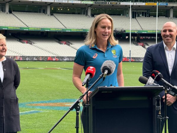 Media opportunity of Ellyse Perry, Nick Hockley and Christina Matthews as Australian Cricket launched its Women and Girls Action Plan at the MCG