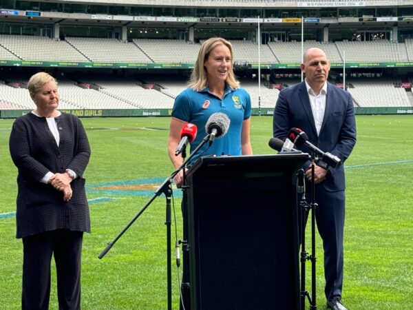 Media opportunity of Ellyse Perry, Nick Hockley and Christina Matthews as Australian Cricket launched its Women and Girls Action Plan at the MCG
