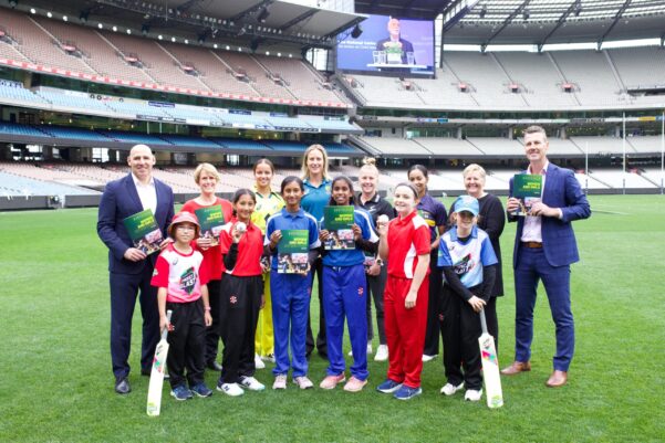 Media opportunity of Ellyse Perry, Nick Hockley and Christina Matthews as Australian Cricket launched its Women and Girls Action Plan at the MCG