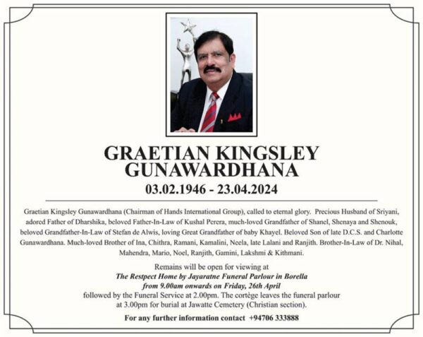 Obituary - GRAETIAN KINGSLEY GUNAWARDHANA - 03.02.1946- 23.04.2024 