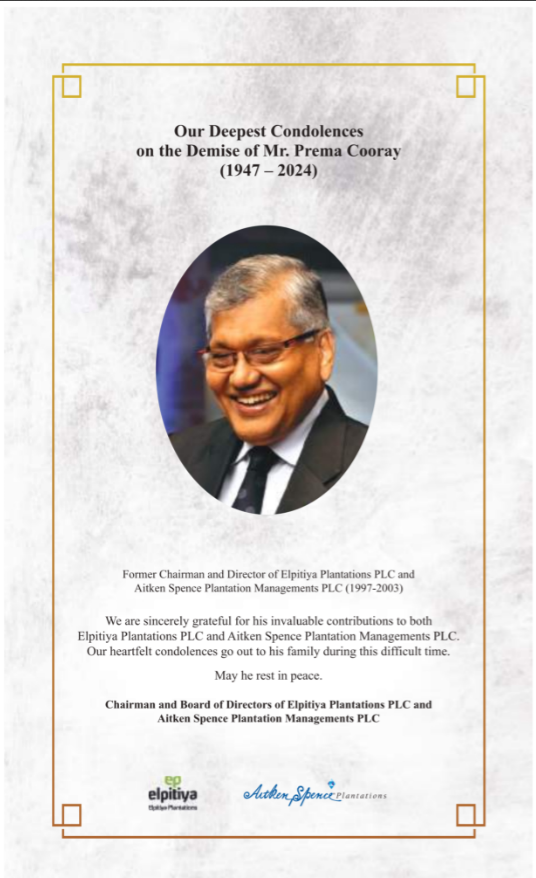 Our Deepest Condolences on the Demise of Mr. Prema Cooray (1947-2024)