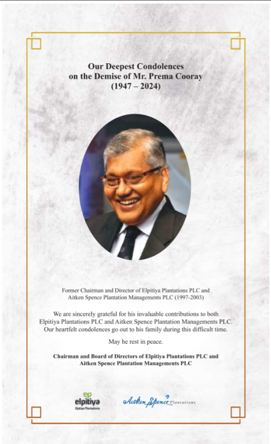 Our Deepest Condolences on the Demise of Mr. Prema Cooray
(1947-2024)