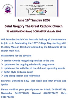 St. Anthony's College, Kandy CELEBRATING 170 - June 16th Sunday 2024 - 10.30 am ( Melbourne Event ),,