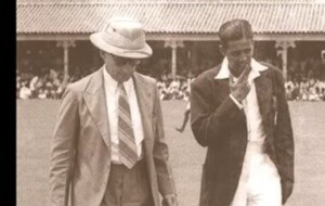 Ceylon Captain Mahadeva Sathasivam (Wesleyite) and his Australian Counterpart Donald Bradman walk cross the Oval Sports Ground in Colombo in 1948.