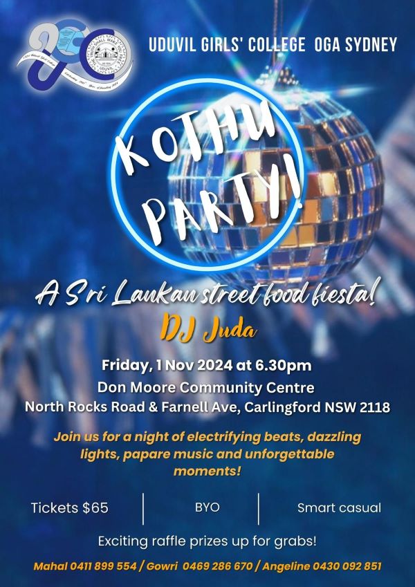 UDUVIL GIRLS' COLLEGE OGA SYDNEY - KOTHU PARTY! - Friday, 1 Nov 2024 at 6.30 pm