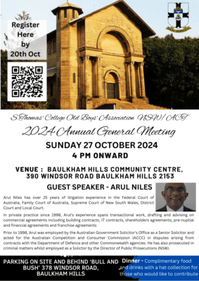 Annual General Meeting of S. Thomas’ College Old Boys’ Association NSWACT for 2024. - Sunday the 27th of October 2024 - 4pm ( Sydney Event )