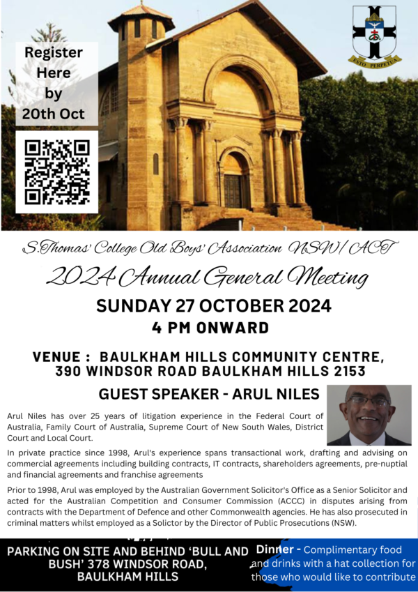 Annual General Meeting of S. Thomas’ College Old Boys’ Association NSWACT for 2024. - Sunday the 27th of October 2024 - 4pm ( Sydney Event )