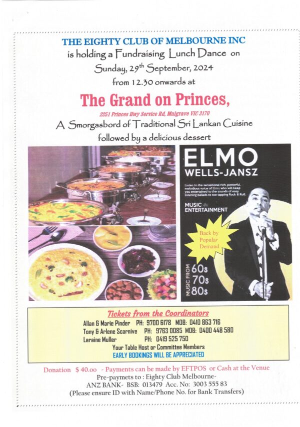 Eighty Club of Melbourne's Charity Lunch - Sunday 29th September 2024 - 12.30 onwards ( Melbourne Event )