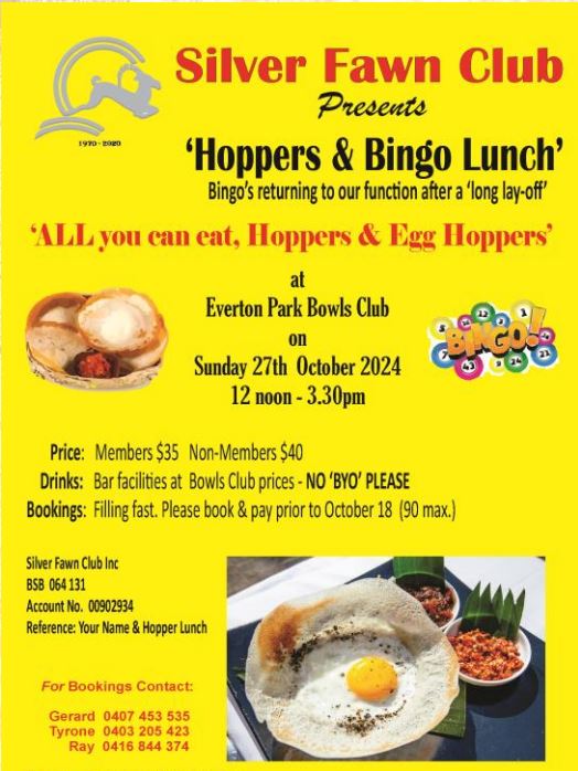 Silver Fawn Club Presents 'Hoppers & Bingo Lunch' - 27th October 2024 12 noon -3.30pm ( Brisbane Event)