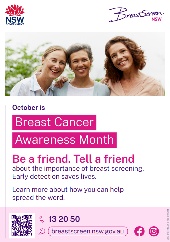 October is Breast Cancer Awareness Month Be a friend. Tell a friend about the importance of breast screening. Early detection saves lives. 