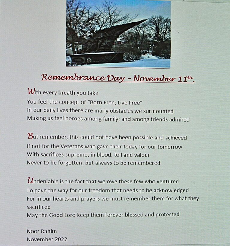 Remembrance Day – November 11th – By  Noor Rahim