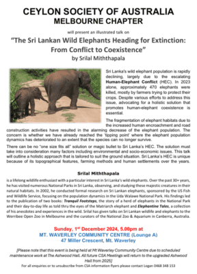 CEYLON SOCIETY OF AUSTRALIA MELBOURNE CHAPTER - Sunday, 1st December 2024, 5.00pm ( MELBOURNE Event )