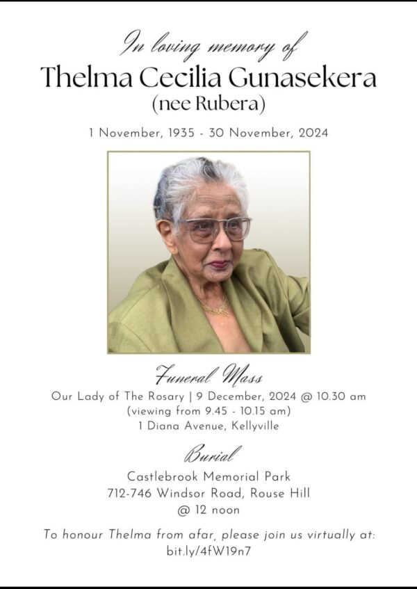 obituary - In loving memory of Thelma Cecilia Gunasekera (nee Rubera)
