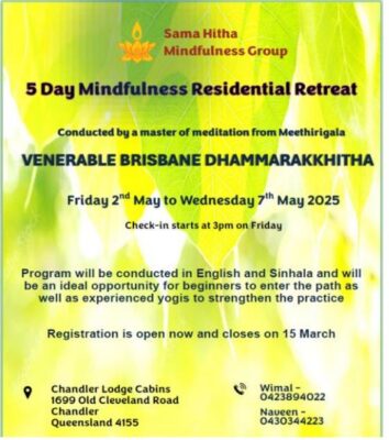 5 Day Mindfulness Residential Retreat - Friday 2nd May to Wednesday 7th May 2025 - 3pm (BRISBANE EVENT )
