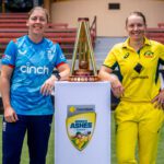 Alyssa Healy and Heather Knight with the CommBank Women’s Ashes trophy ahead of the opening ODI tomorrow