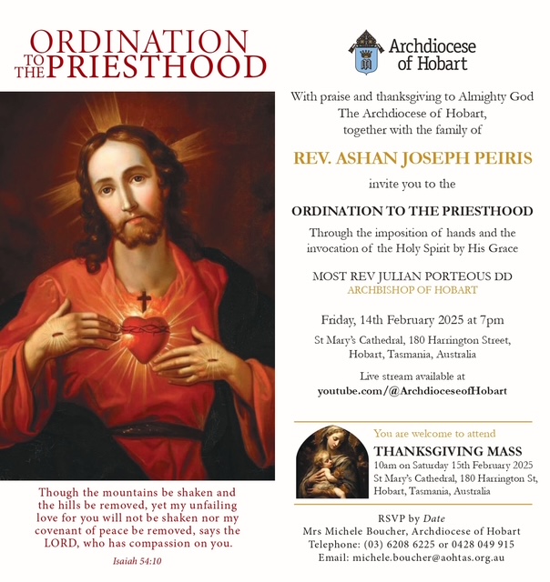 ORDINATION THE TOPRIESTHOOD - Friday, 14th February 2025 at 7pm ( Tasmania Event )
