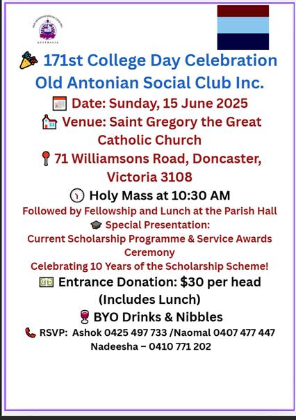  Old Antonian Social Club - 171st College Day Celebrations - 15th June Sunday 2025 (Melbourne event)