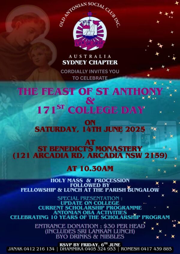 THE FEAST OF ST ANTHONY & 171St COLLEGE DAY - SATURDAY, 14TH JUNE 2025 - 10.30AM ( Sydney Event )