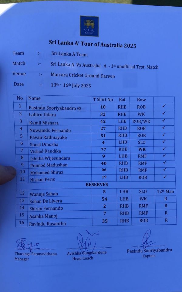 22-year old Queensland spinner Zanden Jeh ( Of Sri Lankan and Australian heritage) and 20-year old pacer from Tasmania, Louis Smith are making their first-class debuts today in the four-day match vs Sri Lanka A in Darwin.