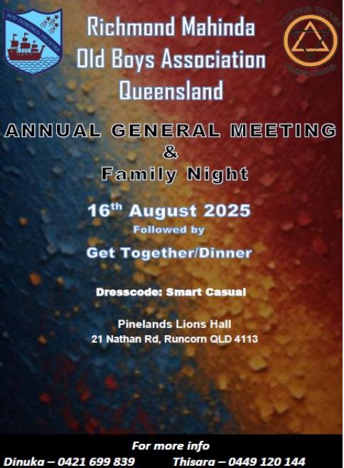 Richmond Mahinda Old Boys Association Queensland ANNUAL GENERAL MEETING - 16th August 2025 (Brisbane event)