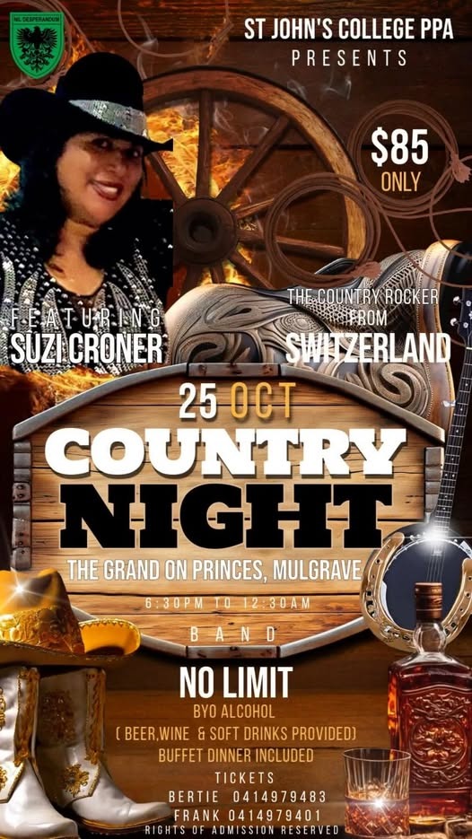 ST JOHN'S COLLEGE PPA PRESENTS - COUNTRY NIGHT - 25th October 2025 - 6:30PM TO 12:30AM ( Melbourne Event )