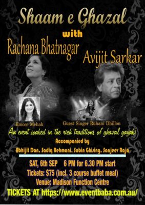 Shaam e Ghazal with Rachana Bhatnagar Avijit Sarkar - SAT, 6th SEP 6 PM ( Sydney Event )