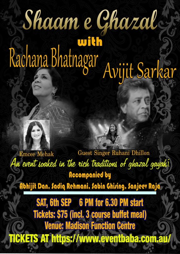 Shaam e Ghazal with Rachana Bhatnagar Avijit Sarkar - SAT, 6th SEP 6 PM ( Sydney Event )