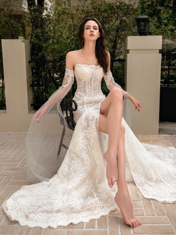 Bride wearing a lace wedding dress in Sydney boutique