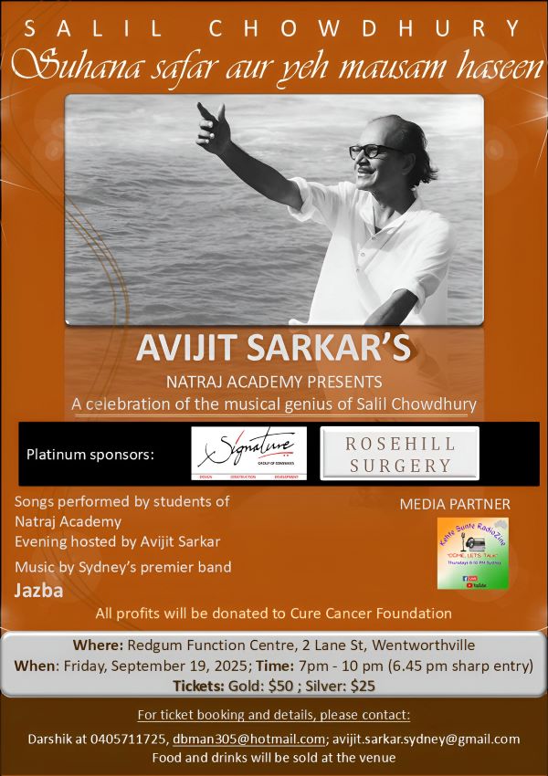 AVIJIT SARKAR'S NATRAJ ACADEMY PRESENTS - A celebration of the musical genius of Salil Chowdhury - Friday September 19, 2025; Time: 7pm - 10 pm ( Sydney Event)