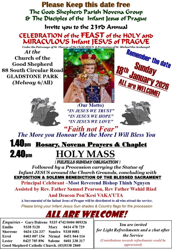 CELEBRATION of the FEAST of the HOLY and MIRACULOUS Infant JESUS of PRAGUE - 18th January 2026 - 1.40pm - 2.40pm ( Melbourne Event )
