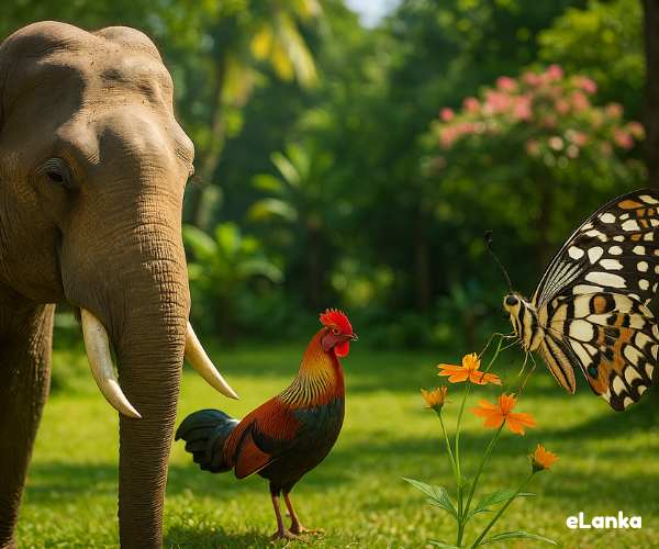 Asian elephant with Sri Lanka junglefowl and butterfly in tropical forest